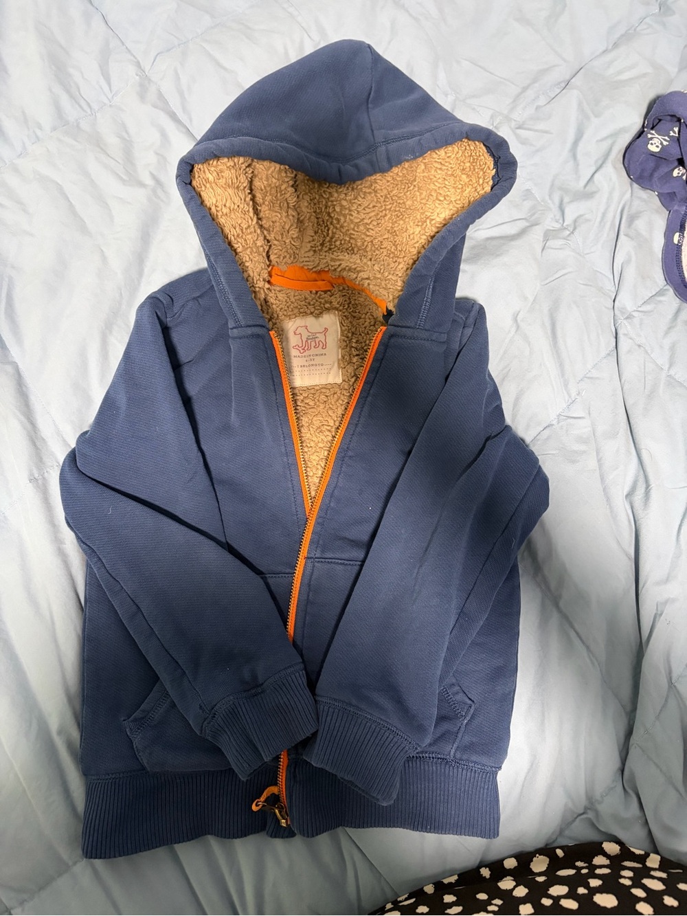 Mini Boden Navy Hooded Puffer with Tan Sherpa and Orange Zip